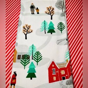 2 Christmas Village Houses Kitchen Towels Ice Skaters on Pond Red Car Trees